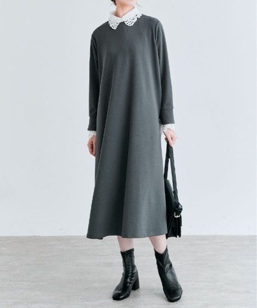 kirakiraShop(キラキラショップ)の「「mochiz」全方向 ストレッチ 4way レース カフス フレア ワンピース(ワンピース・レディース・ネイビー/ライトベージュ/ブラック/チャコール・M/L)」の3枚目の写真