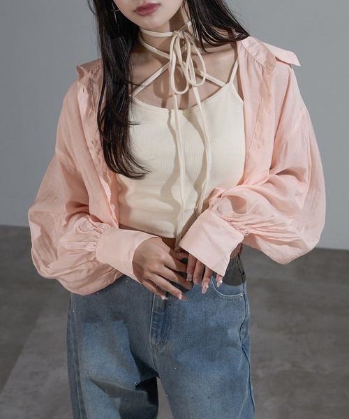 apres jour mignon（アプレジュールミニョン）の「クロップドシアーシャツ【ZOZOTOWN限定アイテム】（シャツ/ブラウス・レディース・グリーン/ピンク/ブルー/オフホワイト/チャコールグレー/パープル/ブラック/ライトピンク/ブルー系その他・X-LARGE/フリー）」の9枚目の写真