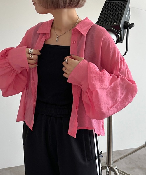 apres jour mignon（アプレジュールミニョン）の「クロップドシアーシャツ【ZOZOTOWN限定アイテム】（シャツ/ブラウス・レディース・グリーン/ピンク/ブルー/オフホワイト/チャコールグレー/パープル/ブラック/ライトピンク/ブルー系その他・X-LARGE/フリー）」の8枚目の写真