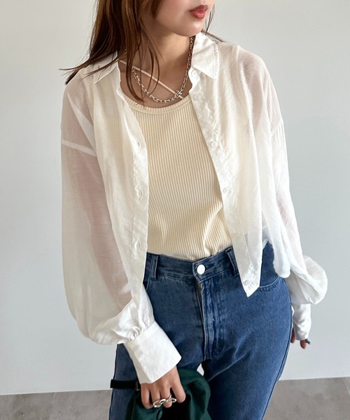 apres jour mignon（アプレジュールミニョン）の「クロップドシアーシャツ【ZOZOTOWN限定アイテム】（シャツ/ブラウス・レディース・グリーン/ピンク/ブルー/オフホワイト/チャコールグレー/パープル/ブラック/ライトピンク/ブルー系その他・X-LARGE/フリー）」の10枚目の写真