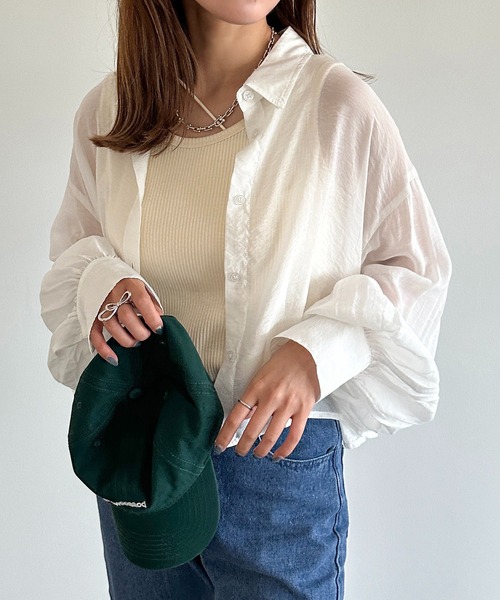 apres jour mignon（アプレジュールミニョン）の「クロップドシアーシャツ【ZOZOTOWN限定アイテム】（シャツ/ブラウス・レディース・グリーン/ピンク/ブルー/オフホワイト/チャコールグレー/パープル/ブラック/ライトピンク/ブルー系その他・X-LARGE/フリー）」の12枚目の写真