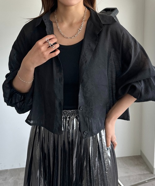 apres jour mignon（アプレジュールミニョン）の「クロップドシアーシャツ【ZOZOTOWN限定アイテム】（シャツ/ブラウス・レディース・グリーン/ピンク/ブルー/オフホワイト/チャコールグレー/パープル/ブラック/ライトピンク/ブルー系その他・X-LARGE/フリー）」の17枚目の写真