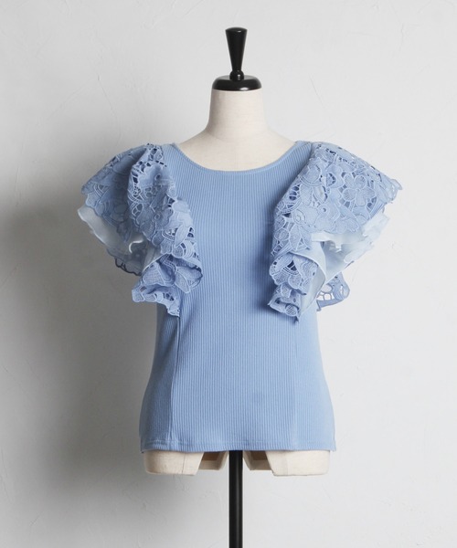 tocco closet(トッコ クローゼット)の「レースフリル切り替えリブカットプルオーバー(Tシャツ/カットソー・レディース・ブラック/ライトブルー/オフホワイト・M)」の17枚目の写真