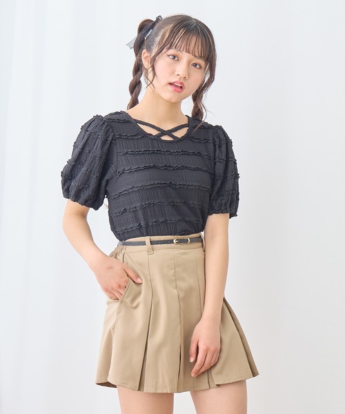 Amourire girl（アムリールガール）の「シャーリングレースTシャツ/ブラウス(130㎝～160㎝)（Tシャツ/カットソー・キッズ・オフホワイト/ブラック・140cm/160cm/150cm/130cm）」の15枚目の写真