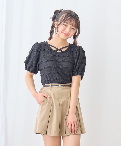 Amourire girl（アムリールガール）の「シャーリングレースTシャツ/ブラウス(130㎝～160㎝)（Tシャツ/カットソー・キッズ・オフホワイト/ブラック・140cm/160cm/150cm/130cm）」の11枚目の写真