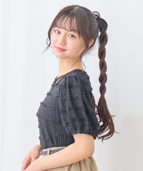 Amourire girl（アムリールガール）の「シャーリングレースTシャツ/ブラウス(130㎝～160㎝)（Tシャツ/カットソー・キッズ・オフホワイト/ブラック・140cm/160cm/150cm/130cm）」の14枚目の写真