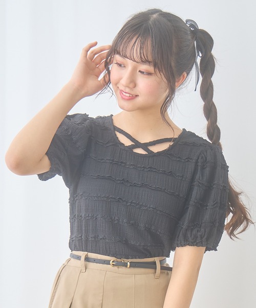 Amourire girl（アムリールガール）の「シャーリングレースTシャツ/ブラウス(130㎝～160㎝)（Tシャツ/カットソー・キッズ・オフホワイト/ブラック・140cm/160cm/150cm/130cm）」の8枚目の写真