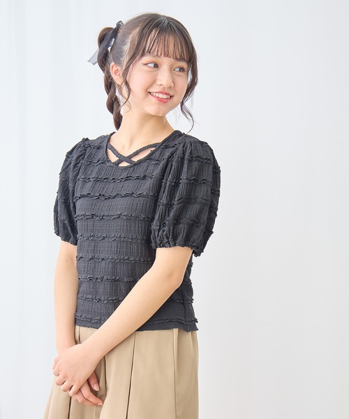 Amourire girl（アムリールガール）の「シャーリングレースTシャツ/ブラウス(130㎝～160㎝)（Tシャツ/カットソー・キッズ・オフホワイト/ブラック・140cm/160cm/150cm/130cm）」の10枚目の写真