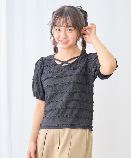 Amourire girl（アムリールガール）の「シャーリングレースTシャツ/ブラウス(130㎝～160㎝)（Tシャツ/カットソー・キッズ・オフホワイト/ブラック・140cm/160cm/150cm/130cm）」の9枚目の写真