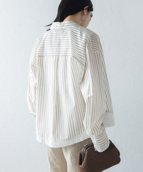 Hello Bonjour! シャツ ブラウス 長袖 ストライプ 白 ベージュ Hello Bonjour! シャツ ブラウス 長袖 ストライプ 白 ベージュ 【公式