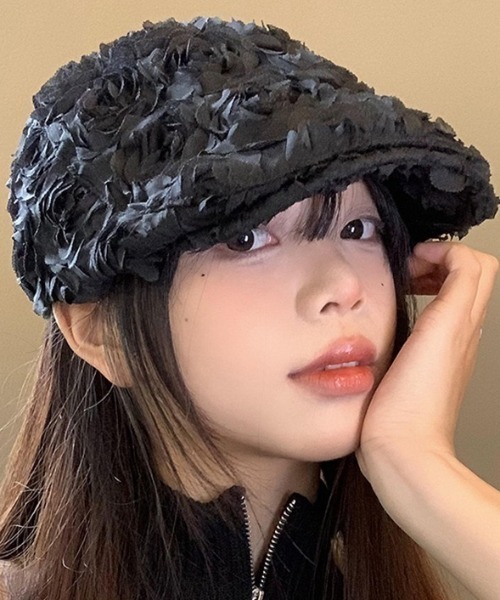 gossip!ロサンゼルス(ゴシップロサンゼルス)の「立体ローズ付き チュール ラメドット バスクバレー/ハンチング/ベレー帽(ハンチング/ベレー帽・レディース・ホワイト/ブラック・FREE)」の9枚目の写真