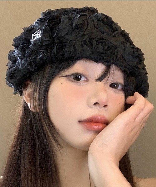 gossip!ロサンゼルス(ゴシップロサンゼルス)の「立体ローズ付き チュール ラメドット バスクバレー/ハンチング/ベレー帽(ハンチング/ベレー帽・レディース・ホワイト/ブラック・FREE)」の13枚目の写真