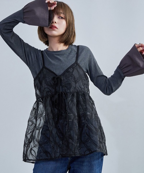 Fashion Letter(ファッションレター)の「シアーキャミソールビスチェ カップなし トップス キャミ リボン 刺繍 フレア 透け感 シースルー(キャミソール・レディース・アイボリー/ブラック・M)」の3枚目の写真