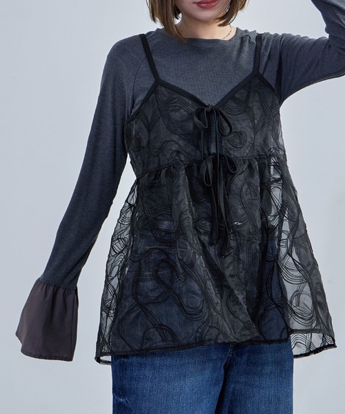 Fashion Letter(ファッションレター)の「シアーキャミソールビスチェ カップなし トップス キャミ リボン 刺繍 フレア 透け感 シースルー(キャミソール・レディース・アイボリー/ブラック・M)」の8枚目の写真