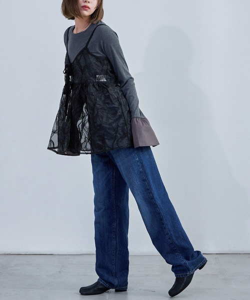 Fashion Letter(ファッションレター)の「シアーキャミソールビスチェ カップなし トップス キャミ リボン 刺繍 フレア 透け感 シースルー(キャミソール・レディース・アイボリー/ブラック・M)」の9枚目の写真