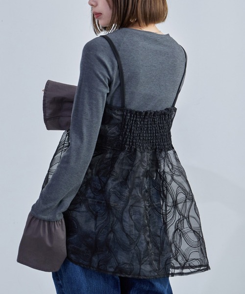 Fashion Letter(ファッションレター)の「シアーキャミソールビスチェ カップなし トップス キャミ リボン 刺繍 フレア 透け感 シースルー(キャミソール・レディース・アイボリー/ブラック・M)」の10枚目の写真