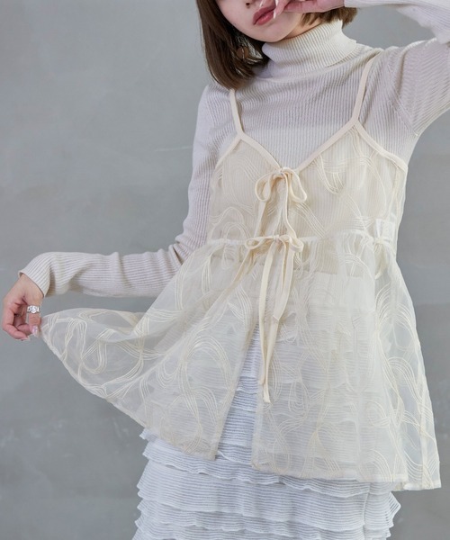 Fashion Letter(ファッションレター)の「シアーキャミソールビスチェ カップなし トップス キャミ リボン 刺繍 フレア 透け感 シースルー(キャミソール・レディース・アイボリー/ブラック・M)」の14枚目の写真
