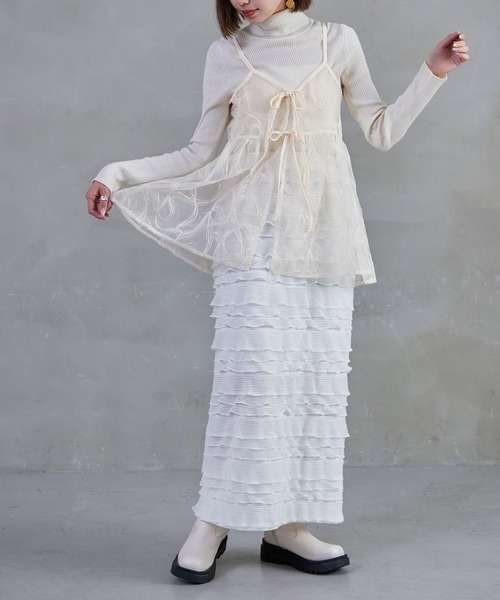 Fashion Letter(ファッションレター)の「シアーキャミソールビスチェ カップなし トップス キャミ リボン 刺繍 フレア 透け感 シースルー(キャミソール・レディース・アイボリー/ブラック・M)」の18枚目の写真