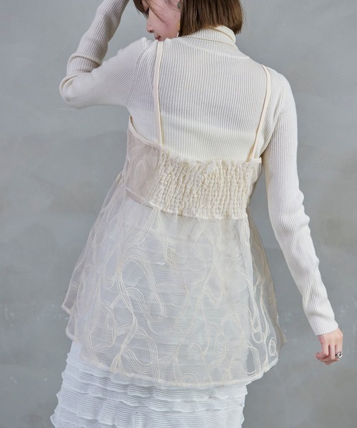 Fashion Letter(ファッションレター)の「シアーキャミソールビスチェ カップなし トップス キャミ リボン 刺繍 フレア 透け感 シースルー(キャミソール・レディース・アイボリー/ブラック・M)」の19枚目の写真