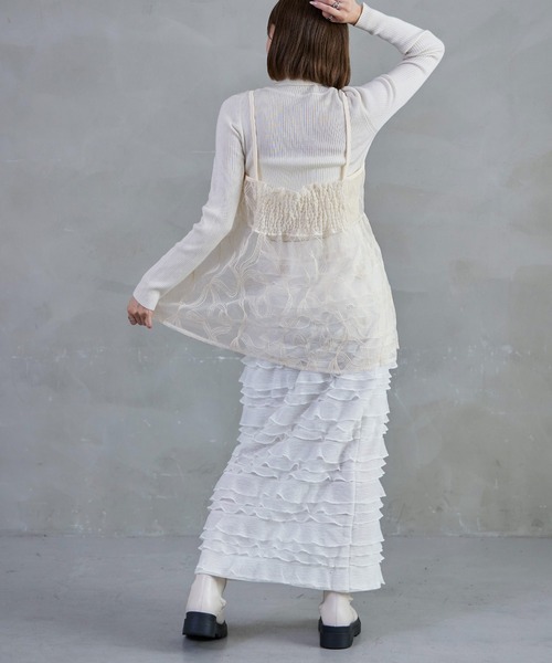 Fashion Letter(ファッションレター)の「シアーキャミソールビスチェ カップなし トップス キャミ リボン 刺繍 フレア 透け感 シースルー(キャミソール・レディース・アイボリー/ブラック・M)」の20枚目の写真
