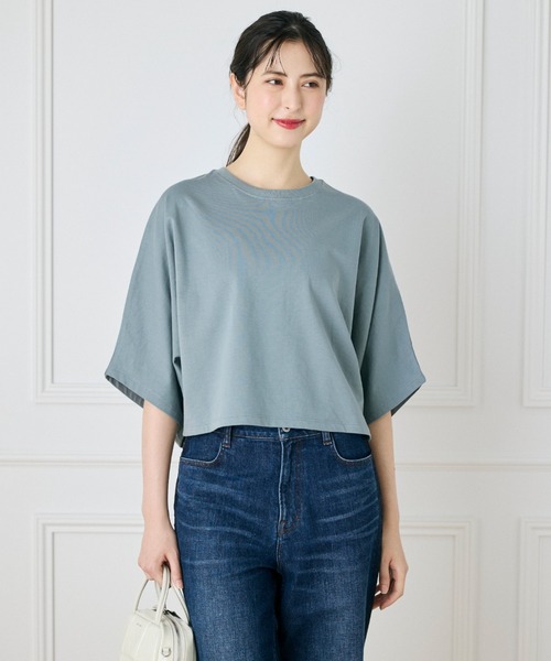 INED(イネド)の「ミニ裏毛クロップドトップス(Tシャツ/カットソー・レディース・スミクロ/オフホワイト/ブルーグレー・9号)」の3枚目の写真