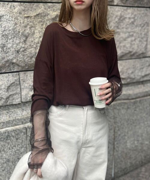 KOBE LETTUCE（コウベレタス）の「袖シアートップス（Tシャツ/カットソー・レディース・ブラック/オフホワイト/ブラウン/チャコール・M）」の4枚目の写真