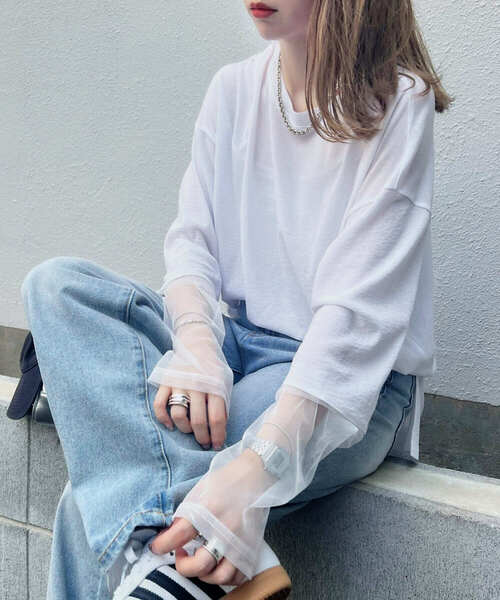 KOBE LETTUCE（コウベレタス）の「袖シアートップス（Tシャツ/カットソー・レディース・ブラック/オフホワイト/ブラウン/チャコール・M）」の2枚目の写真