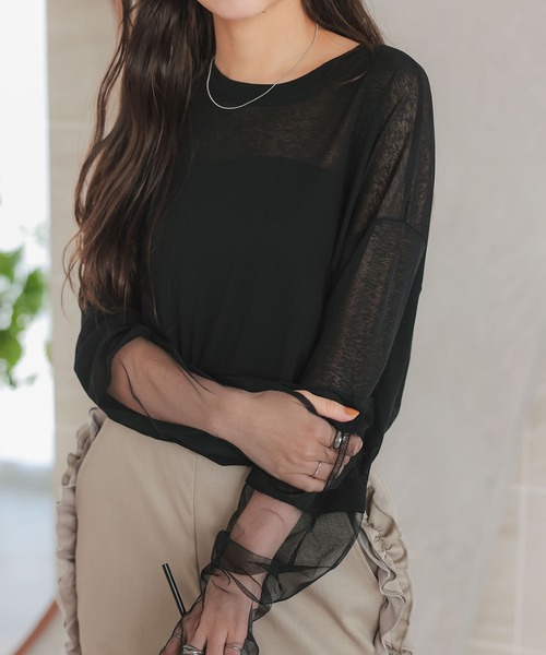 KOBE LETTUCE（コウベレタス）の「袖シアートップス（Tシャツ/カットソー・レディース・ブラック/オフホワイト/ブラウン/チャコール・M）」の7枚目の写真