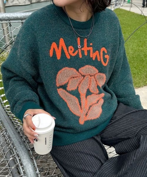 PBLIM（ページボーイリム）の「《UNISEX》フラワーモチーフニット（ニット/セーター・レディース・グレー/グリーン/ブラウン/ベージュ・FREE）」の4枚目の写真