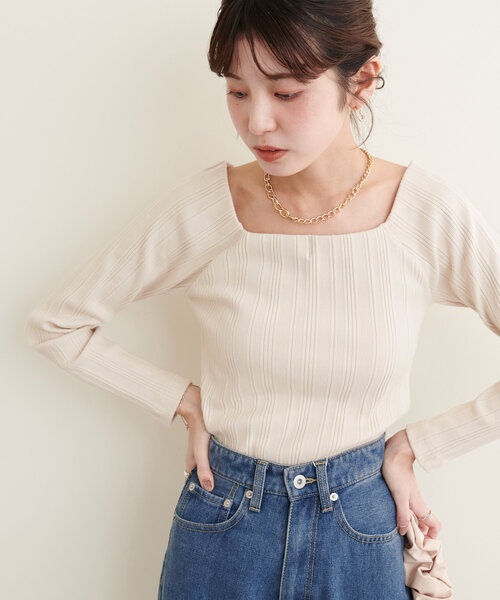 natural couture（ナチュラルクチュール）の「【WEB限定】スクエアネックランダムテレコトップス（Tシャツ/カットソー・レディース・モカ/アイボリー/ブラック・FREE）」の2枚目の写真