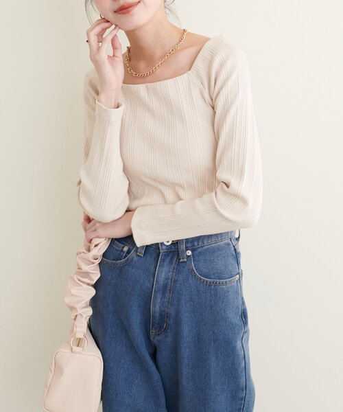 natural couture（ナチュラルクチュール）の「【WEB限定】スクエアネックランダムテレコトップス（Tシャツ/カットソー・レディース・モカ/アイボリー/ブラック・FREE）」の6枚目の写真