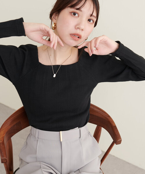 natural couture（ナチュラルクチュール）の「【WEB限定】スクエアネックランダムテレコトップス（Tシャツ/カットソー・レディース・モカ/アイボリー/ブラック・FREE）」の14枚目の写真