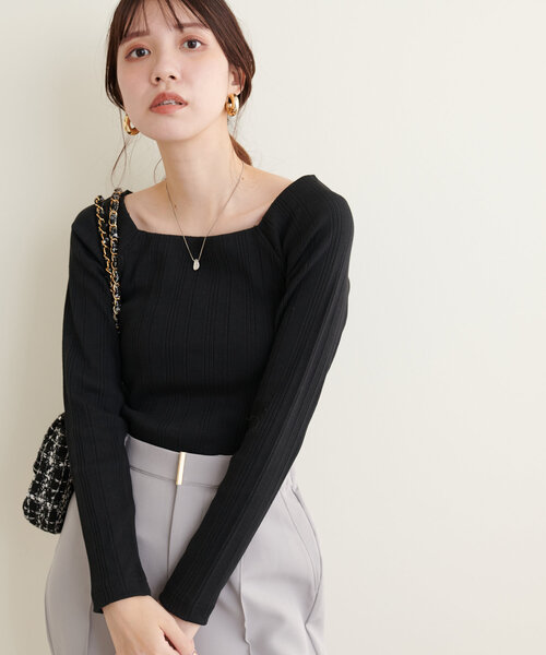 natural couture（ナチュラルクチュール）の「【WEB限定】スクエアネックランダムテレコトップス（Tシャツ/カットソー・レディース・モカ/アイボリー/ブラック・FREE）」の12枚目の写真