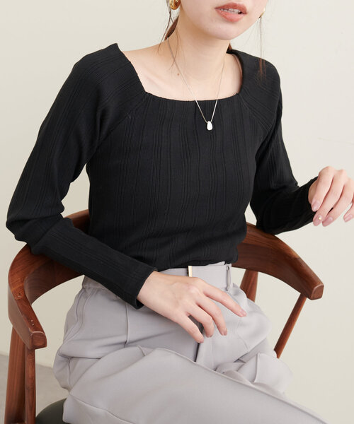 natural couture（ナチュラルクチュール）の「【WEB限定】スクエアネックランダムテレコトップス（Tシャツ/カットソー・レディース・モカ/アイボリー/ブラック・FREE）」の13枚目の写真