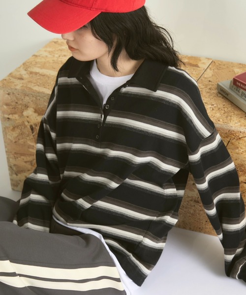 MERLOT(メルロー)の「マルチボーダーラガーシャツ(ポロシャツ・レディース・オフホワイト/ブラック・FREE)」の12枚目の写真
