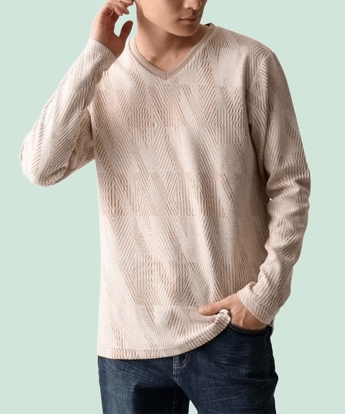 MK MICHEL KLEIN HOMME (エムケーミッシェルクランオム)の「【残りわずか/在庫限り/洗える】幾何学模様Vネックカットソー長袖(Tシャツ/カットソー・メンズ・オレンジ系その他/ベージュ/ブラック・48/51/46)」の1枚目の写真