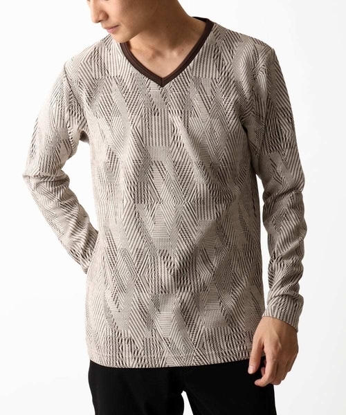 MK MICHEL KLEIN HOMME (エムケーミッシェルクランオム)の「【残りわずか/在庫限り/洗える】幾何学模様Vネックカットソー長袖(Tシャツ/カットソー・メンズ・オレンジ系その他/ベージュ/ブラック・48/51/46)」の3枚目の写真