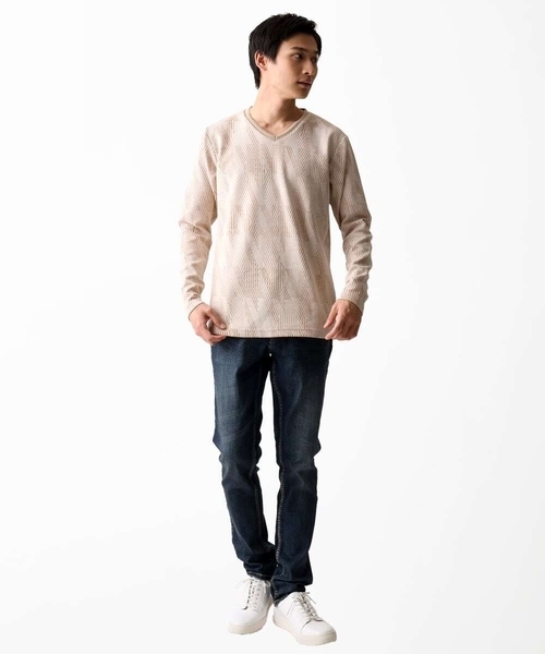 MK MICHEL KLEIN HOMME (エムケーミッシェルクランオム)の「【残りわずか/在庫限り/洗える】幾何学模様Vネックカットソー長袖(Tシャツ/カットソー・メンズ・オレンジ系その他/ベージュ/ブラック・48/51/46)」の5枚目の写真