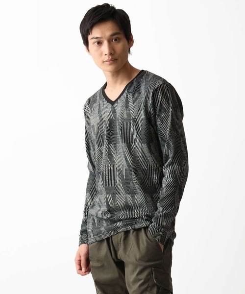 MK MICHEL KLEIN HOMME (エムケーミッシェルクランオム)の「【残りわずか/在庫限り/洗える】幾何学模様Vネックカットソー長袖(Tシャツ/カットソー・メンズ・オレンジ系その他/ベージュ/ブラック・48/51/46)」の7枚目の写真