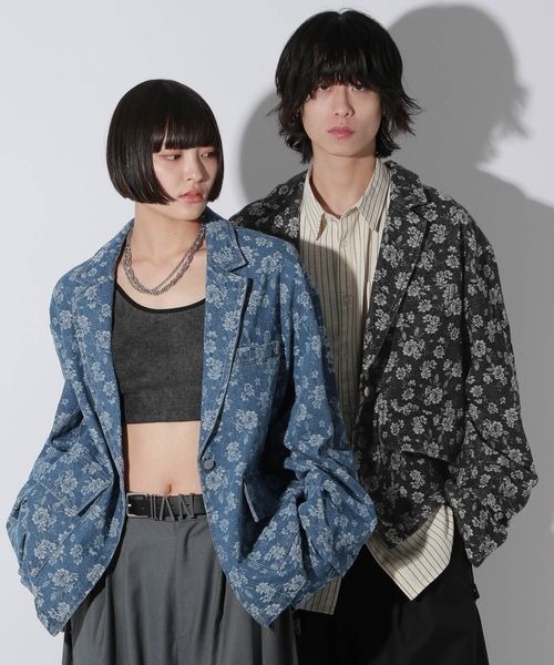 Anui(アニュイ)の「【UNISEX】フラワージャガードデニムジャケット(テーラードジャケット・レディース・ブルー/ブラック・MEDIUM)」の4枚目の写真