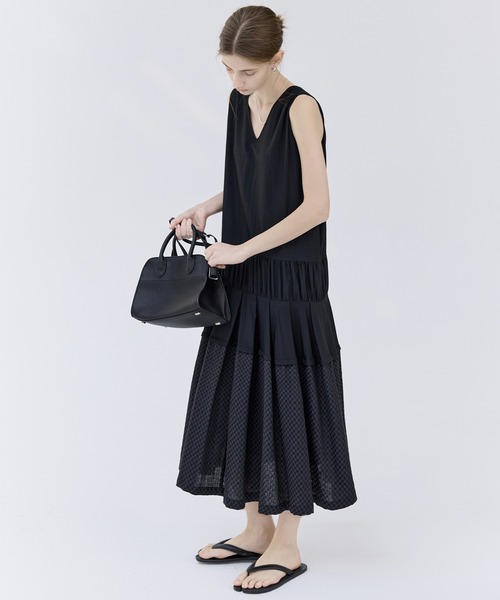 tageechita】異素材ミックス ギャザーデザインVネックワンピース