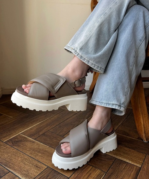 セール】日本製 本革 サンダル クロスパデット レザー 厚底