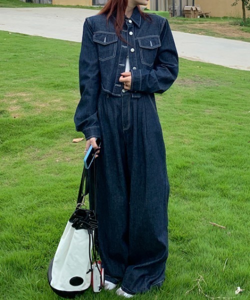 【FAVORITO】シングルブレストポケット付きデニム2点セットアップ FAVORITO セットアップ 襟付きシングルブレストポケット付きデニム2点