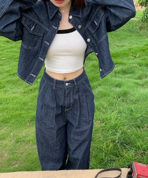 セール】襟付きシングルブレストポケット付きデニム2点