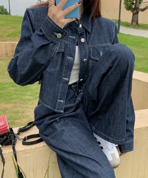 セール】襟付きシングルブレストポケット付きデニム2点