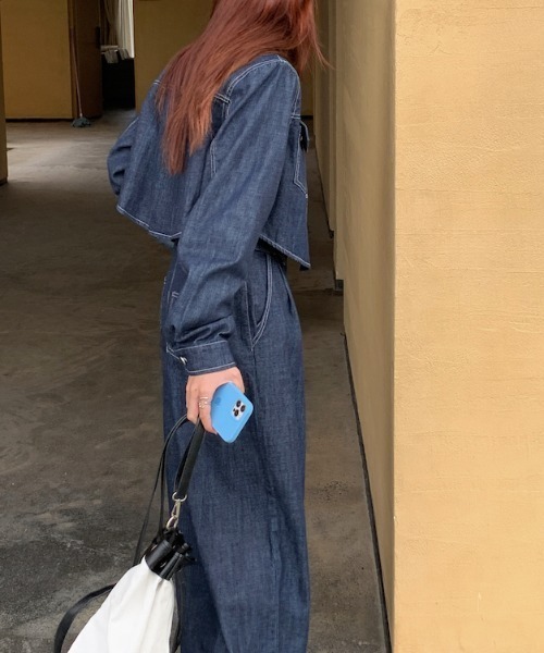 【FAVORITO】シングルブレストポケット付きデニム2点セットアップ FAVORITO セットアップ 襟付きシングルブレストポケット付き