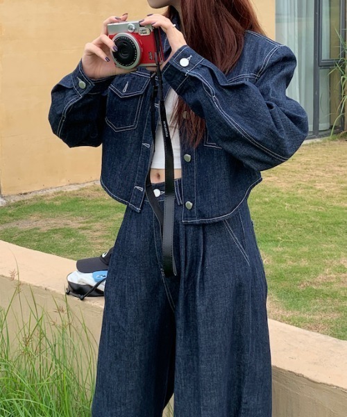 セール】襟付きシングルブレストポケット付きデニム2点