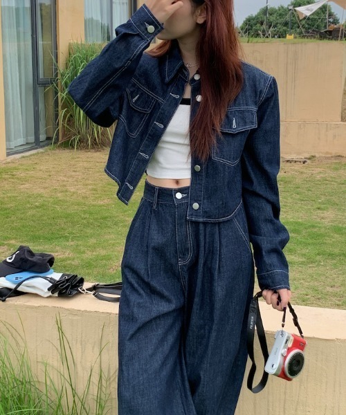 【FAVORITO】シングルブレストポケット付きデニム2点セットアップ セール】襟付きシングルブレストポケット付きデニム2点セットアップ