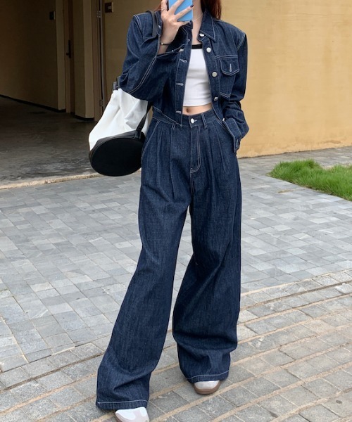 【FAVORITO】シングルブレストポケット付きデニム2点セットアップ セール】襟付きシングルブレストポケット付きデニム2点セットアップ