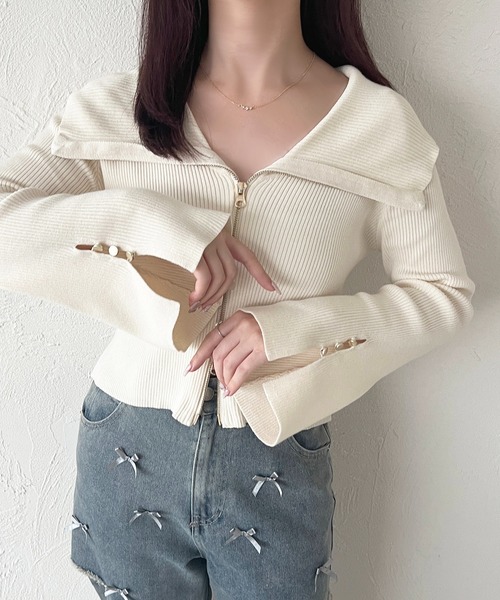 apres jour(アプレジュール)の「ダブルジップオフショルトップス(Tシャツ/カットソー・レディース・ライトブルー/ブラック/アイボリー・X-LARGE/フリー)」の2枚目の写真
